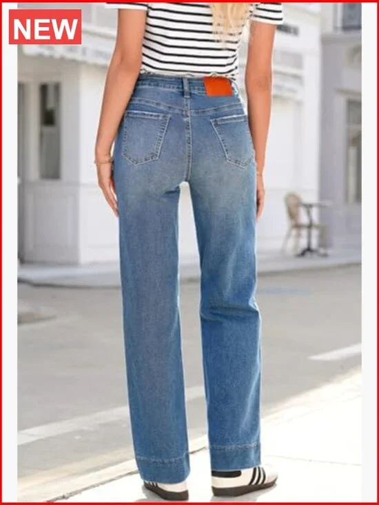 High Waisted Wide Leg Jeans Stretchy Straight Leg Drawstring Denim Pants - Picture 2 of 7